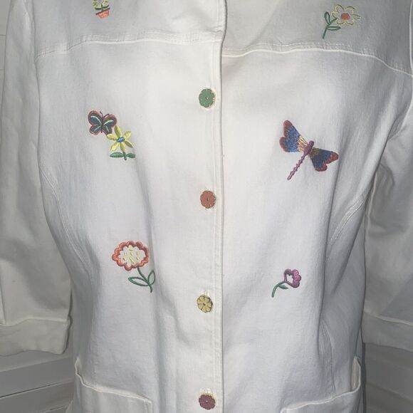 80s 90s AMY JESS White W/ Floral Embroidery Theme JACKET Button Front Medium - Picture 3 of 6